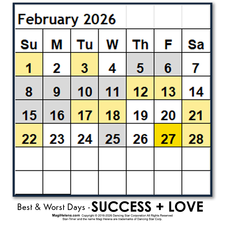 Genesis Astrology Best and Worst Days Days February Feb. 2026 Win Days Fail Days Scientific Multidimensional Astrology Astro-Calendar Astro Calendar Timing Calendar Magi Helena